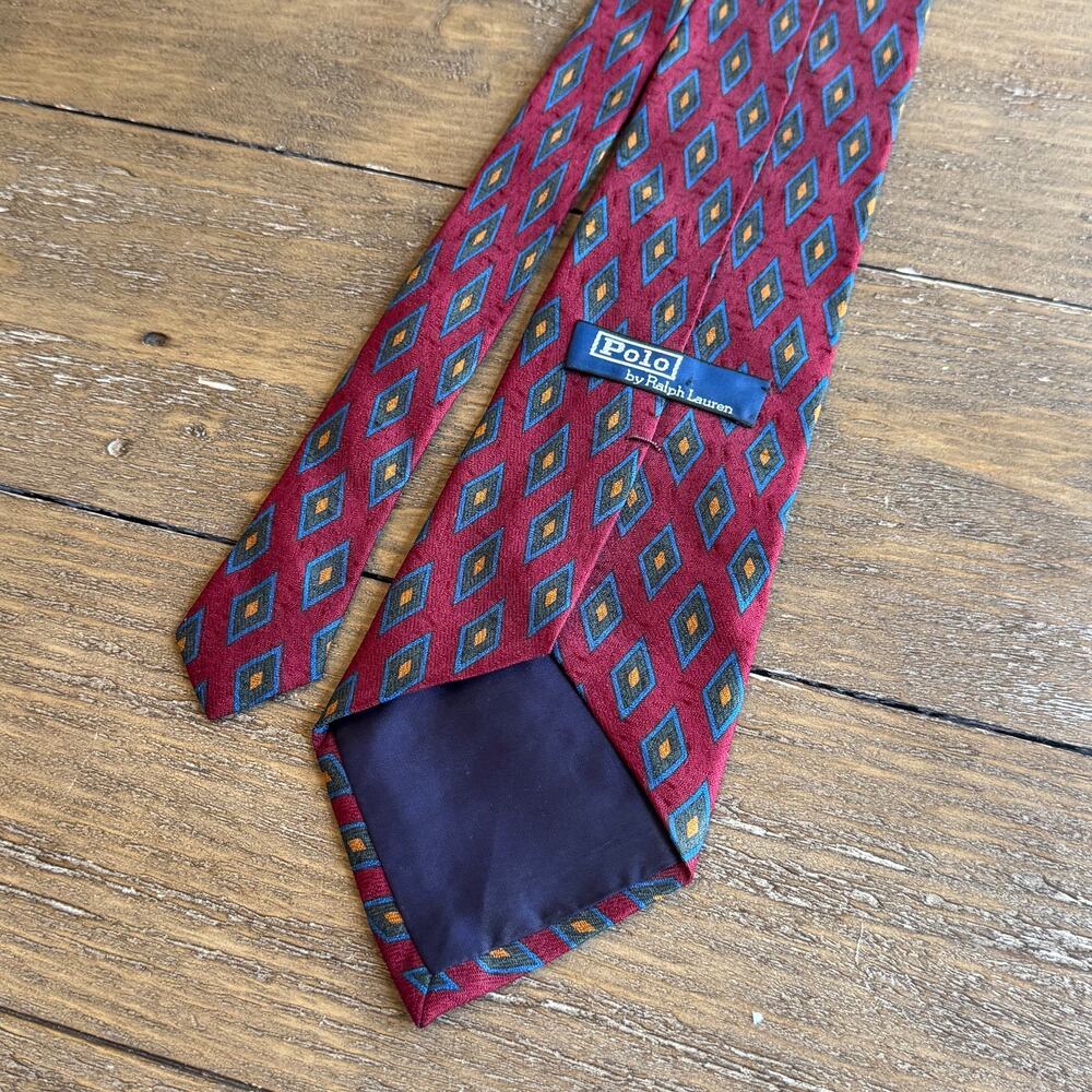 POLO Ralph Lauren Tie Deep Red Geometric Diamond Pattern Silk Made in USA
